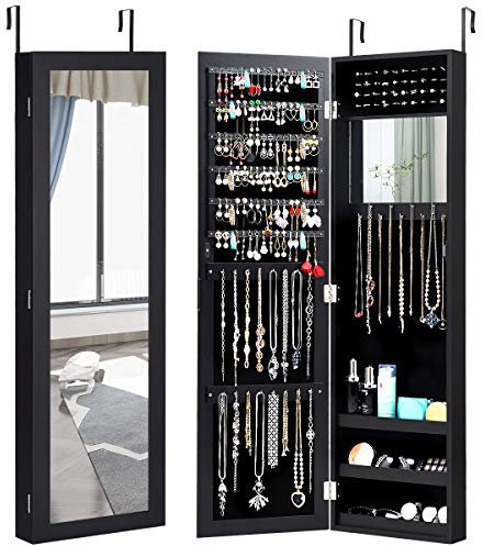 Multigot 2-in-1 Jewelry Cabinet, Wall-mounted Jewellery Organizer with Full Length Mirror & Built-in Mirror, Makeup Storage Armoire for Bedroom Dressing Room (Black)