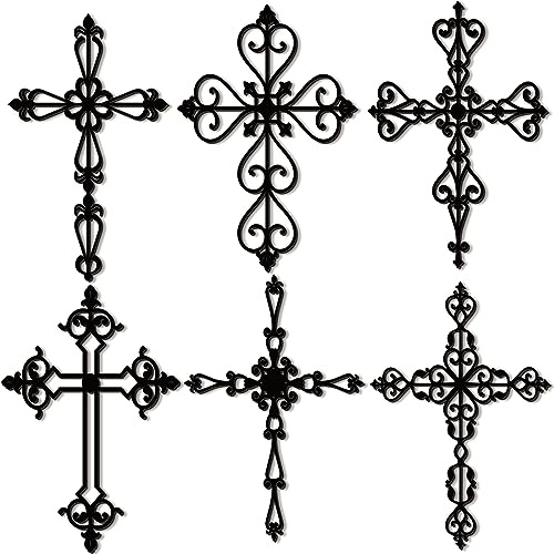 Soaoo 6 Pcs Wooden Wall Hanging Cross Religious Antique Hand Carved Wall Crosses Decor for Home Decor Decorative Cross Catholic Crucifix for Living Room, 12 x 8 Inch