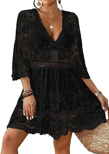 Bsubseach Kontrast Spitze Coverups für Frauen Sexy V-Ausschnitt Bikini Bademode Badeanzug Cover Up Strandkleid Schwarz