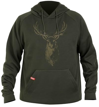 HART Hoodie mit Hirschmotiv Oliv, 3XL | Hirsch-Print auf der Front. Kapuze mir Kordelzug. Känguru-Fronttasche.