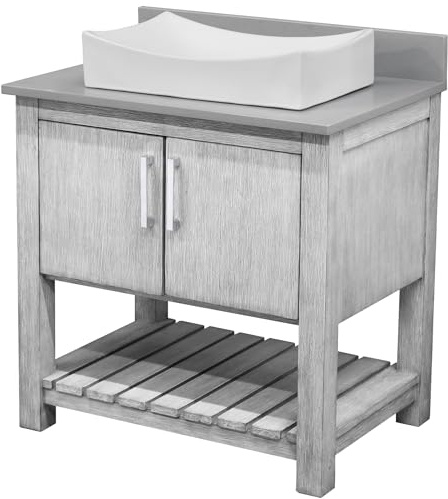Miseno MV-30SG-NOBV-280-1141 30 Free Standing Single Basin Vanity Set with Cabinet, Porcelain Vessel Sink and Grey Quartz Vanity Top - Stonewash Grey/Storm Grey Top/Chrome Hardware