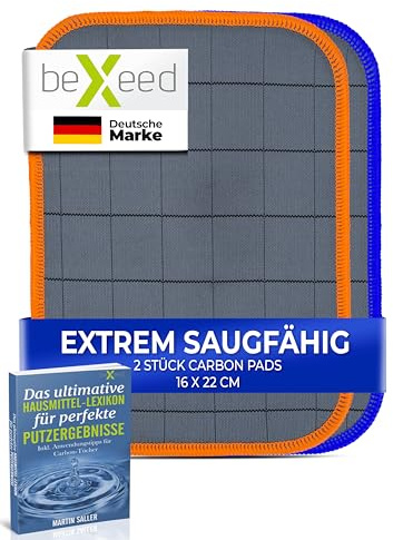 BEXEED Handtuch - CarbonPads, 1x Blau, 1x Orange, 16 x 22 cm - Mikrofaserglasreinigungstuch-Set für Autofenster - Saugfähiger Kern für Streifenfreien Glanz - 2er Pack