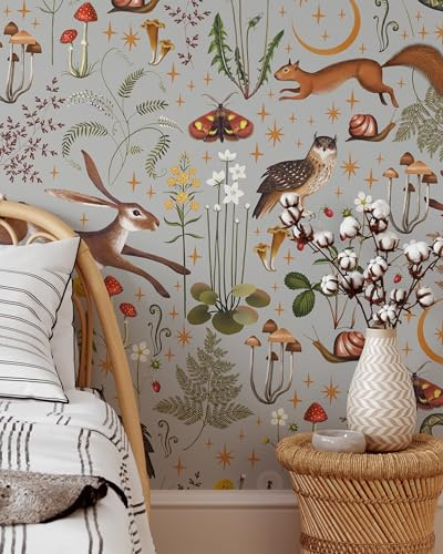 Coloritto Gray Woodland Wallpaper | Removable Self Adhesive Animals Botanical Wallpaper | Flower and Forest Peel and Stick Wallpaper (Sample 12 W x 8 H)