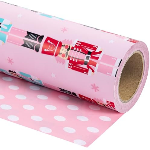 RUSPEPA Papier D'emballage De Noël Réversible - Mini Rouleau - 43,2 Cm X 10 M - Motif Casse-Noisette Rose Et Pois Pour Noël, Vacances, Célébration De Fête