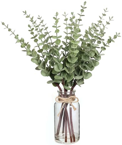 VIERENA 17.5 Artificial Eucalyptus Stems in Glass Vase with Faux Water,Fake Plant Eucalyptus Leaves White Seeds for Centerpiece Table Decorations Farmhouse Wedding Home Greenery Decor (Sage Green)