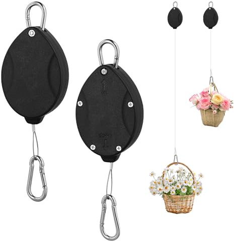 2pcs Upgrade Retractable Plant Hanger, Carabiner Style Plant Pulleys for Hanging Plants Raise & Pull Down Adjustable Hook for Garden Flower Baskets Pots (Black)