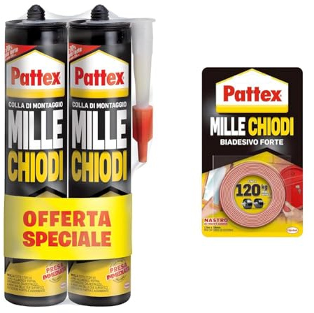Pattex MILLECHIODI Forte & Rapido, adesivo di montaggio extra forte che sostituisce viti & Millechiodi Tape, nastro biadesivo extra forte per applicazioni permanenti