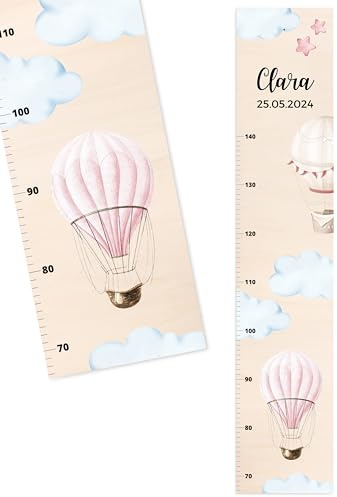 Bärenfreunde® - Personalisierte Messlatte Kind Holz zum Kleben oder Aufhängen - Skala 70-140cm - Süße Dekoration für Baby- & Kleinkinderzimmer (Kinder 70-140cm, rosa Ballons)