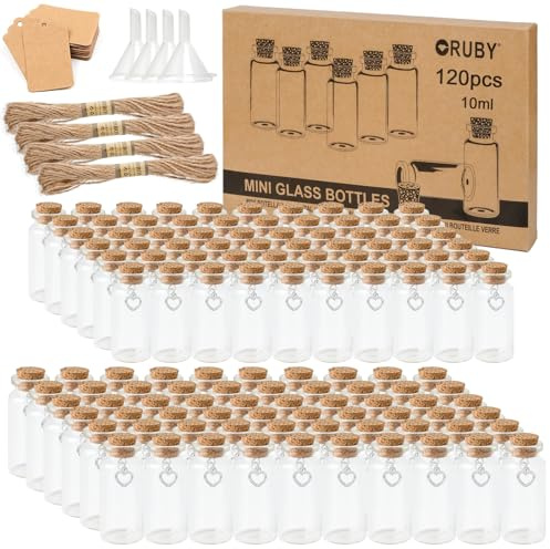 RUBY 120 Stück Mini Glasflaschen mit Korken 10ml Kleine Reagenzgläser mit Korken und Herz, Kleine Glasflaschen zum Gastgeschenke Hochzeit Hochzeitsdeko, Gewürzgläser mit Tag, 22x55mm
