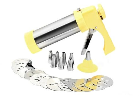 ZGXNYI Seringue à Garnir en Acier Inoxydable Cookie Press Kit Machine Cookie Making Cake Decoration 13 Press Molds 8 Pastry Piping Nozzles Cookie Tool Biscuit Maker Seringue à GâTeau(Yellow)