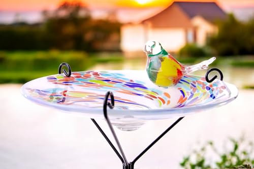Gartenstecker mit Vogelbad - Handgefertigtes Glas - Weiß - Vogel auf Stock - Gartendekorationen - Gartendeko für den Außenbereich - Gartendekor - Tiere für den Außenbereich
