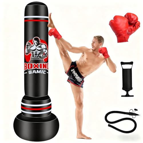 QAMIC Boxsack Erwachsene, 180cm Aufblasen Schweren Boxsack mit Boxhandschuhen und Luftpumpe, 0,5 mm dickem PVC-Material Standboxsack für MMA Muay Thai Fitness Anfänger Training