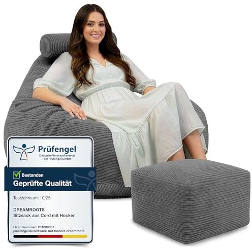 DreamRoots Sitzsack Erwachsene Cord 90x90x100 cm, Granite Gray | Bean Bag Sofa, 90x90x100 cm, mit Hocker & Bezug, mit Füllung, waschbar, Teenager & Erwachsene