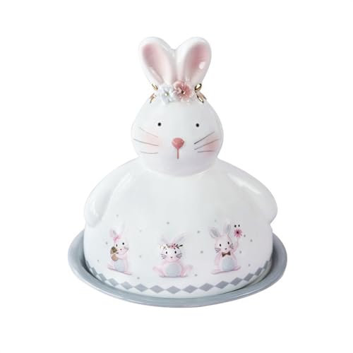 Mantequera Recipiente para mantequilla Plato de mantequilla con forma de conejo de cerámica con dibujos creativos, vajilla con tapa, caja de queso, aperitivos, postre, pastel, bandeja, contenedor de m