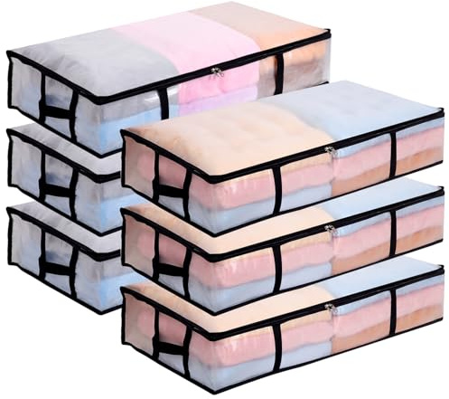 Dntorx 6 Stück 90L Unterbett Aufbewahrungsbox Transparent Faltbar mit Griff | PP-Material, Transparente Deckel, Reißverschluss, 4 Griffe, Faltbar, Für Bettdecken, Kissen, Kleidung Und Schuhe