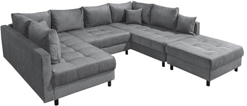 XXL Wohnlandschaft KENT - 305cm - anthrazit - Cord - Federkern inkl. Hocker | 11 Kissen inklusive, als Schlafsofa nutzbar, Rundum-Bezug, pflegeleicht