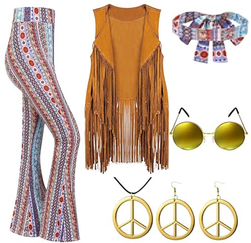Generisch Hippie Kostüm Damen Set Fransen ärmellose Damen 60er 70er Jahre Halloween Kostüm Karneval Kostüm Damen Disco Faschingskostüme 9 Stück Set Hippie Stulpen Mit Schlag KarnevalkostüMe