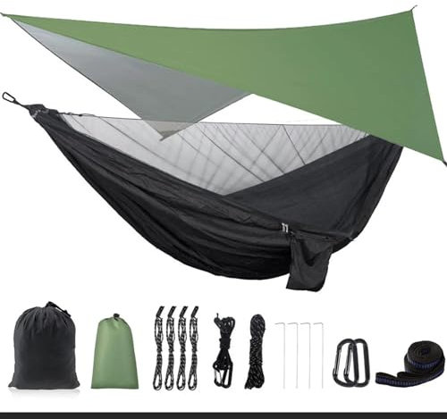 Camping Hängematten Hängematte Outdoor Camping-Hängematte mit Netz-Zelt-Baumgurten, tragbare Einzel-Doppel-Fallschirm-Hängematte aus Nylon für Reisen(Black)