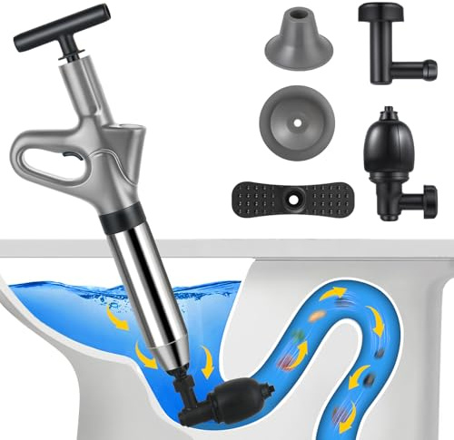 Deboucheur WC Puissant, Deboucheur Toilette Avec BaromèTre, Pompe Deboucheur Canalisation avec Quatre Ventouses,pour Lavabos, Siphons de Sol, Toilettes, Obstruction de Tuyaux (Grau)