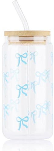 Yukaiwn Bow Glass Cup Set, 16 oz Pink Cute Tumbler with Glass Straw and Wood Lid Elegant Transparent Cute Coffee Cups Aesthetic Gifts for Women Girls Friends (Blue Bow)
