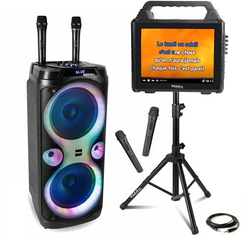 Ibiza - Pack Karaoké Enceinte Ecran Portable Ibiza KARAVISION sur Pied - Enceinte USB Bluetooth TWS 1000W Columba-Karaoke - 4 Micros VHF