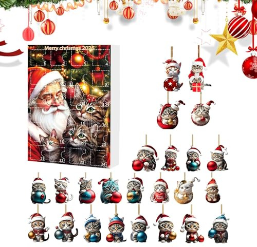 Calendrier De L Avent Pour Noel 2025 - Calendrier de l'Avent 2D Figurine Chat Miniature Acrylique pour Enfant - Pendentif de Noël Mignon pour Femme Sœur Amie Enfant Fille
