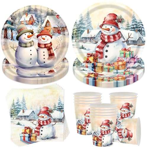 50 Stück Weihnachten Partygeschirr Set,Geburtstag Geschirr Set,Partygeschirr Geburtstag,Weihnachts Party Papier Geschirr Set Mit Teller Becher Servietten,Party Geschirr für 10 Gäste