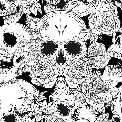 zoé&yifan Peel and Stick Wallpaper Black and White Gothic Skull Renter Friendly 17.71 x 236.2 Waterproof Self Adhesive Removable Rose Lily Tattoo Print Mural Edgy Accent Wall