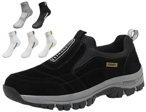 Promenadskor för män utomhus vandring ortopediska skor med fotvalvstöd dra på vattentäta halkfria lätta loafers mode låg-topp säkerhetssneakers, Svart, 45 EU
