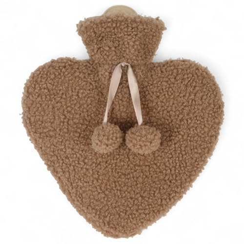 MIJOMA varmvattenflaska 1 l med fluffig teddy-fleece-överdrag – hjärtform – värmande present för höst och vinter – återanvändbar och läckagesäker – 23 x 26 cm (brun)