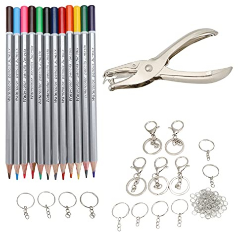 Schlüsselanhänger-Bastelset, DIY-Komplettset mit Buntstiften, Locher, Schlüsselanhänger, Bastelwerkzeuge für Kinder und Erwachsene, kreative Kunstprojekte, Legierungsholz, 12