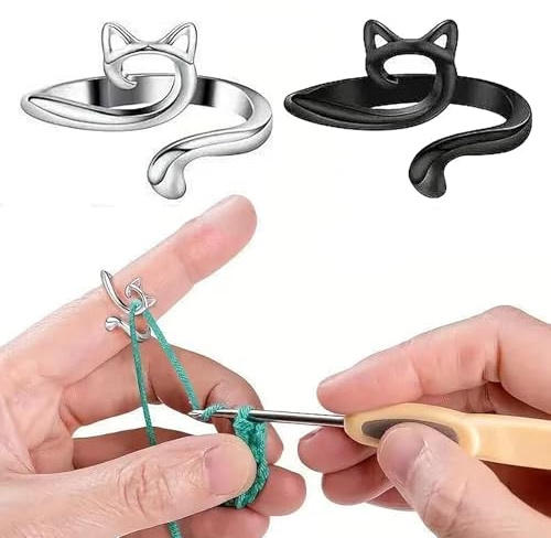 HJDJBD 2 Stücke Metall Häkelring Finger,Verstellbare Strickring Mit Katzenmuster,Offene Garnführung Fadenring Stricken,Crochet Ring Fingerhut Zubehör,Garnhalter für Häkeln Mutter Oma Geschenke