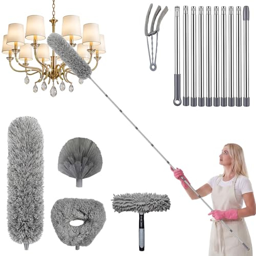 Extendable Duster Extra Long, 6m Extending Duster Feather Dusting Kit Long Reach Duster with Adjustable 1.5 to 4.9 m Window Squeegee with Scraper Ceiling Fan Brush for Cleaning Roof Blinds Cobweb