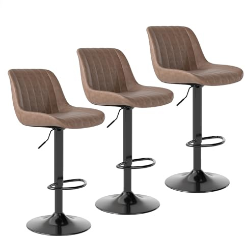 Youhauchair Barhocker 3er Set, Drehbare Barhocker mit Lehne, Braun | 20 cm Höhenverstellung, Ergonomisch gebogener Sitz, trägt bis zu 150 KG, PU-Leder, mit Lehne, 360°-Drehung