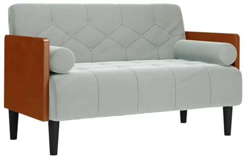 zylophax Zweisitzer-Sofa Hellgrau mit Nackenrollen 110 cm Samt Bezug modernes Wohnzimmer Sofa Couch für Komfortables Sitzen und Entspannen, stabiles Sperrholzgestell, 2-Sitzer Sofa