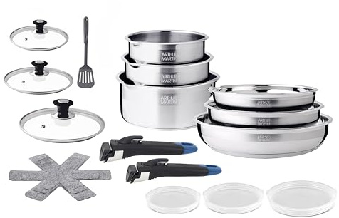 Arthur Martin - Batterie de Cuisine 20 Pièces - Acier Inoxydable 18/10 - Tous Feux Induction - Poêles Ø20/24/26 - Casseroles Ø16/18/20 - Couvercles Verre et Hermétiques - Bec Verseur Gradué