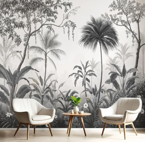 Papel Tapiz Fotográfico Plantas Tropicales Selva Retro Exótica 300x210cm Papel Pintado no Tejido, Fotomural Panorámico, Mural de Pared, Decoración de Pared para Sala, Cuarto, Oficina y Salón,Gris