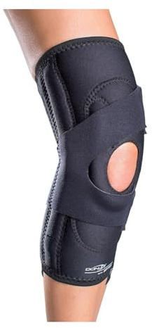 DonJoy Rodillera lateral J (pierna derecha, mediana) | Funda de neopreno con bisagras con refuerzo lateral en J para soporte rotuliano, pierna derecha. Sku 11-0775-3