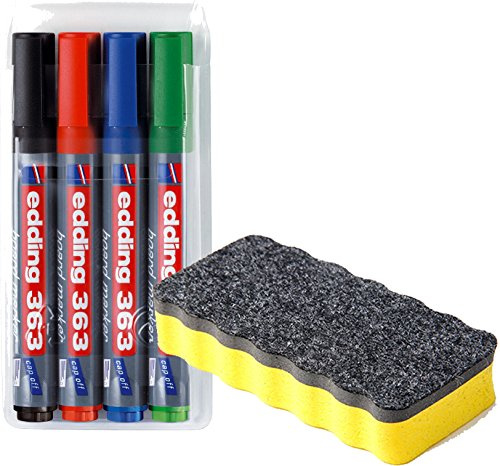 edding 363 Boardmarker (Keilspitze), 4-stück farblich sortiert + Whiteboardlöscher Gelb magnethaftend