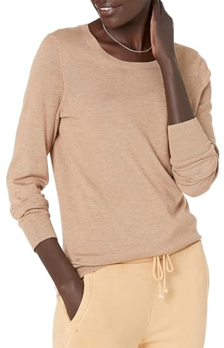 Amazon Essentials Damen Leichter, Langärmeliger Pullover Mit Rundhalsausschnitt (Erhältlich in Übergröße), Kamelbraun Meliert, S