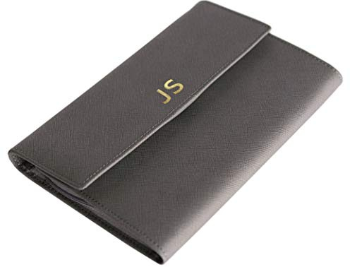 CASE ELEGANCE Pochette Bijoux Voyage, Rangement Bijoux en Cuir Véritable Saffiano, Trousse voyage pour bijoux, Rouleaux Range Bijoux couleur Gris, Petite Taille (Gris Monogrammé)