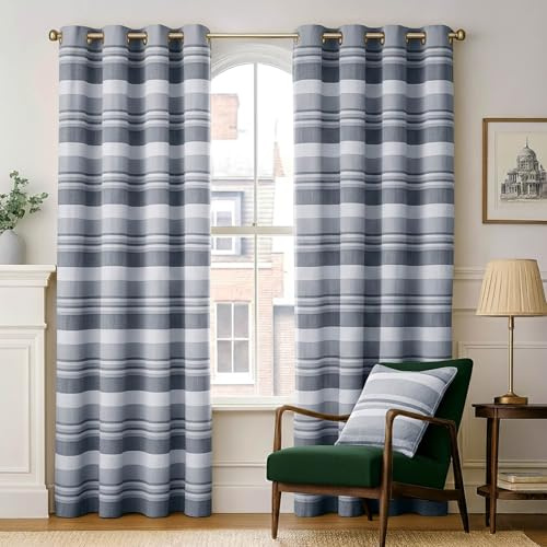 Homescapes Morocco Ösenvorhang 2er-Set, Vorhang grau gestreift 167x228 cm aus 100% Baumwolle, 2 handgewebte Vorhangschals, Streifen-Gardinen mit Ösen