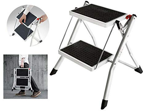 2 Stufen Mini Klappleiter Trittleiter Klappbar Tragbare kompakte Leiter Rutschfeste Matte Einfache Aufbewahrung Stehleiter für Home Kitchen Office DIY 150 kg max Belastung