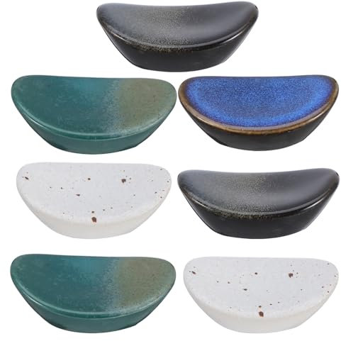 Amosfun 7 Pieces Ceramic Chopsticks Holder Tray Japanese Style Chopsticks Rest Sushi Chopsticks Bench Knife Spoon Holder Oval Shape Kitchen Restaurant Home Accessories Random Style