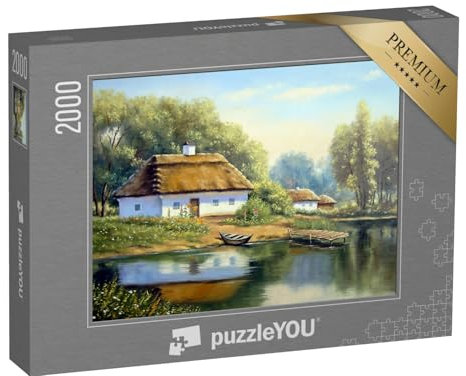 puzzleYOU: Puzzle 2000 Teile „Ölgemälde: Reetdach-Häuser am See im Wald“ – aus der Puzzle-Kollektion Gemälde