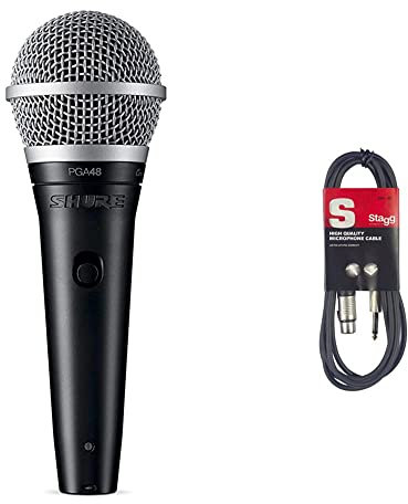 Shure PGA48 Microfono dinamico, mic portatile per voce con modello di raccolta cardioide, interruttore on/off & Stagg SMC6XP Cavo Microfonico di Alta Qualità XLRf to Jack, 6 m, Nero