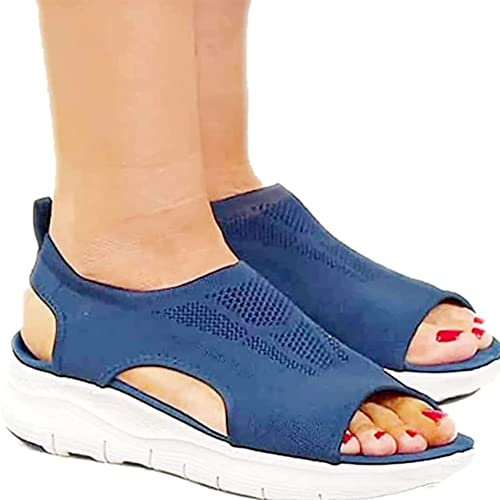 MYENA 2022 Neue Frauen Sommer Waschbare Flache orthopädische Slide-Sportsandalen, Damen-Mesh-obere atmungsaktive Stretch-Sandalen-Plattform-Hausschuhe,Blau,35