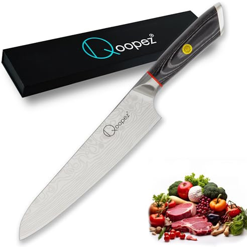 Qoopez Couteau de Chef Professionnel Ergonomique, Couteau de Cuisine en Acier Inoxydable Ultra Tranchant, Idéal pour Légumes Viandes, Manche en Bois de Pakka