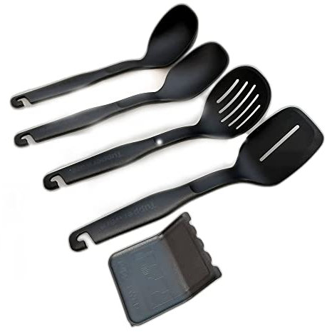 Tupperware Set da 5 cucchiai da cucina/mescolare + mestolo + cucchiaio da schiuma + spatola + supporto nero