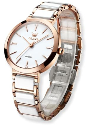 Raitown Damenuhr, Roségold Keramik Edelstahl-Uhr, 30mm Kleines Zifferblatt | Minimalistische analoge Quarzuhr, wasserbeständig, für schmale Handgelenke, Schwarz & Weiß – elegantes Geschenk für Damen